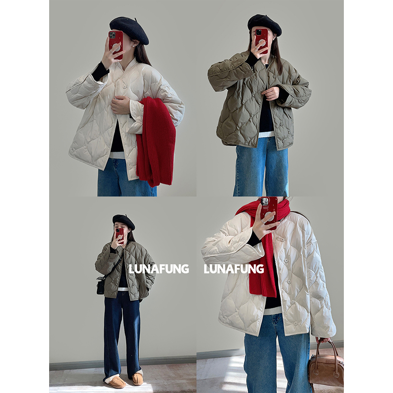 LUNAFUNG冯下文·菱格纹绗缝羽绒服女夹克立领轻薄保暖灰鸭绒外套