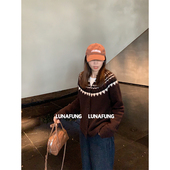 LUNAFUNG冯下文·棕色费尔岛毛衣女羊毛开衫 提花针织宽松圆领上衣