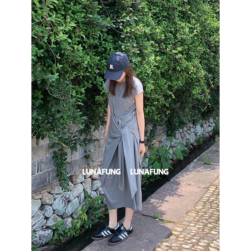 LUNAFUNG冯下文·灰色绑带裹身垂感直筒裙女夏灰色高级感显瘦长裙
