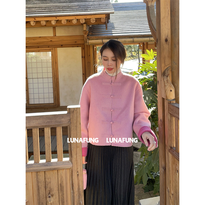 LUNAFUNG冯下文新中式双面呢外套女国风粉色短上衣徐艺洋同款羊毛