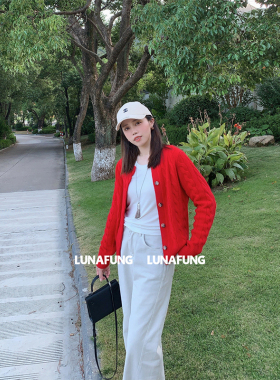 LUNAFUNG冯下文·红色麻花针织衫外套女复古对绞羊绒圆领慵懒毛衣