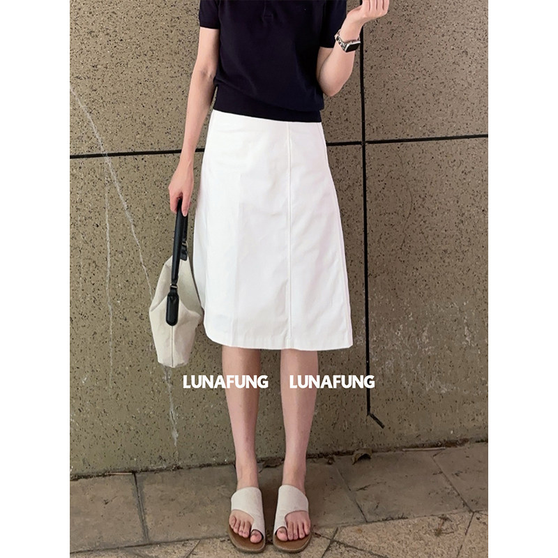 LUNAFUNG 冯下文白色高腰A字半身裙女全棉显瘦学院风韩版八奶裙子