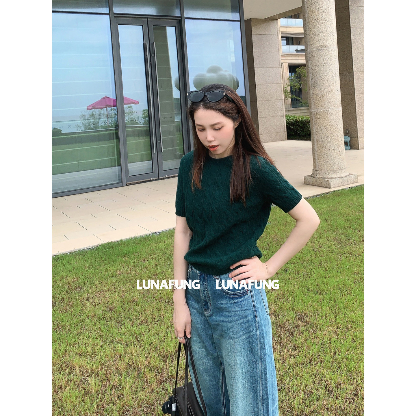 LUNAFUNG冯下文&middot;圆领短袖麻花毛衣针织羊毛正肩粗绞花饱和色毛衫