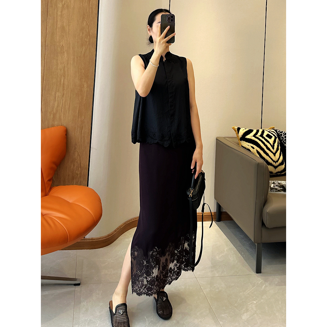 C4506 醉爱！矜贵优雅女人味 拼接蕾丝 真丝半裙