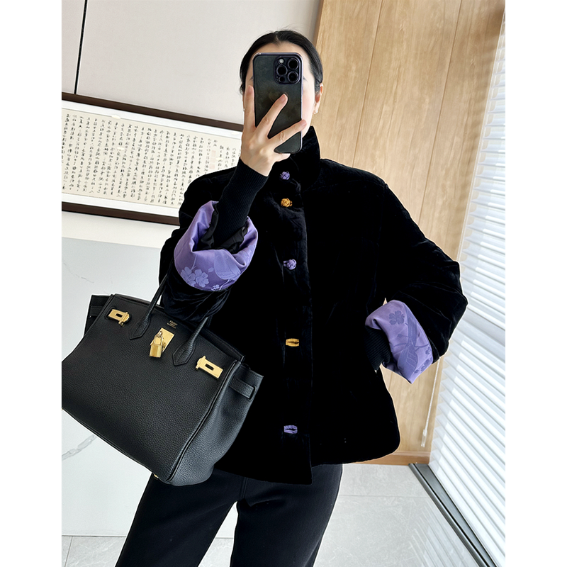 C3743 爆美 彩色中式盘扣 撞色真丝丝绒鹅绒羽绒服