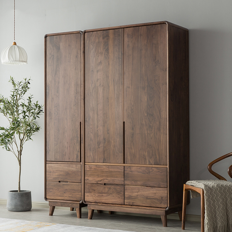 新品北欧全实木衣柜黑胡桃橡木樱桃现代简约小户型卧室家具两三门