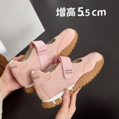 内增高法式玛丽珍鞋女浅口魔术贴绸缎拼接休闲单鞋小码32 33 34