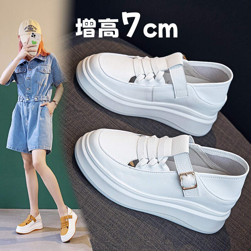 小码313233真皮两穿踩跟内增高小白鞋女厚底镂空透气扣带松糕鞋34
