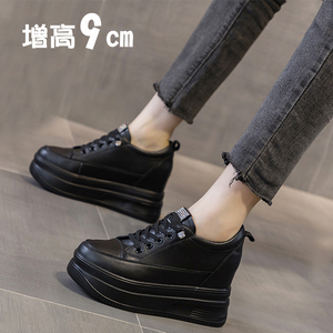 小码313233真皮9cm内增高小黑鞋女松糕厚底一脚蹬休闲单鞋显瘦34