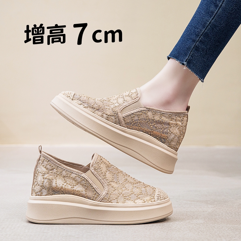 内增高蕾丝渔夫鞋网面厚底一脚蹬