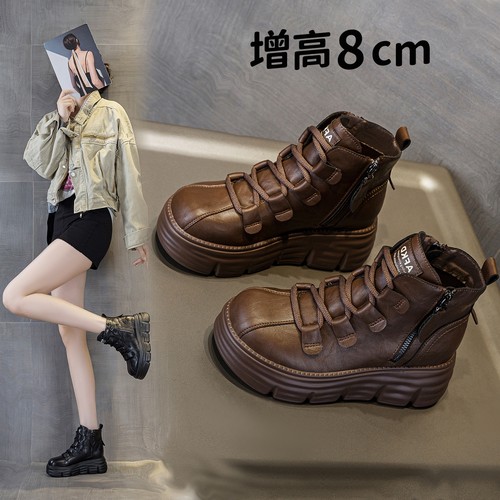 真皮内增高马丁靴厚底侧拉链短靴