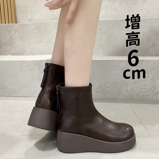 真皮后拉链英伦马丁靴女松糕厚底一脚蹬复古低帮短靴小码32 33 34