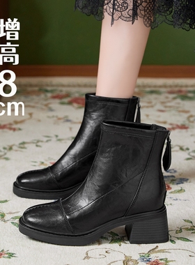 真皮内增高法式马丁靴女方头粗跟后拉链复古低帮短靴小码32 33 34
