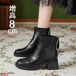 真皮内增高法式马丁靴女方头粗跟后拉链复古低帮短靴小码32 33 34