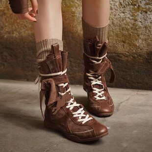 2025秋季新款法式复古风系带拳击靴女内增高马丁靴平底德训靴短靴