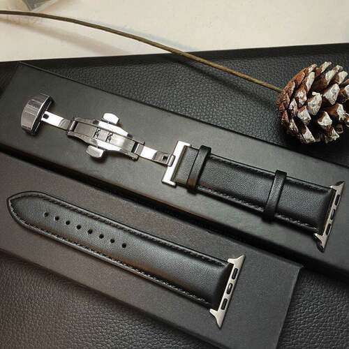 适用AppleWatchUltra8765432se苹果真皮同线蝴蝶扣高级商务手表带