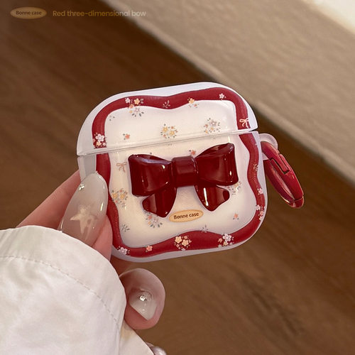 红蝴蝶结碎花适用苹果Airpods4代蓝牙耳机套Pro2复古3代挂件1防摔