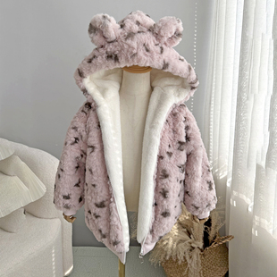 女童冬装 棉服儿童连帽仿兔毛加绒加厚皮草外套中大童毛毛棉袄男童