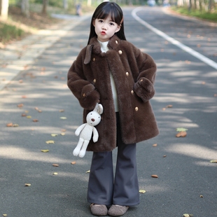 女童皮草外套冬装儿童皮毛一体仿水貂绒毛毛大衣女孩中长款厚棉服