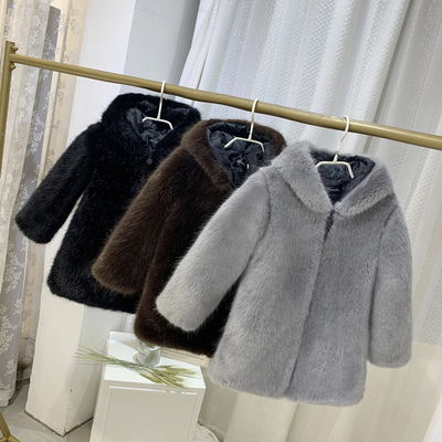 男女童连帽洋气仿水貂毛外套