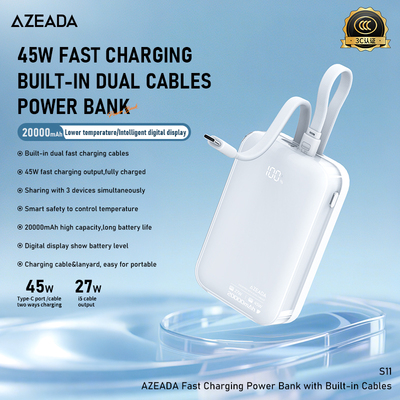 AZEADA带线快充移动电源20000mAh充电宝45W双向快充3C认证上飞机