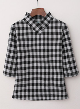 修身格子中袖棉上衣T恤汉服领t女