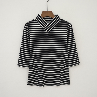 春秋冬装新款时尚女装修身纯棉针织条纹汉服领中袖T恤打底衫上衣t