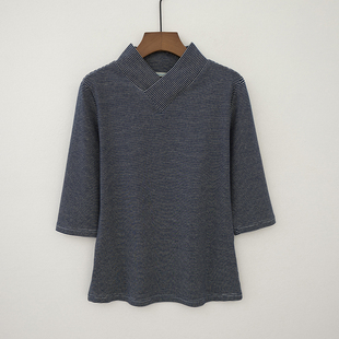 春装新款纯棉汉服领中袖女士品牌T恤秋冬打底汗衫细条纹五分上衣t