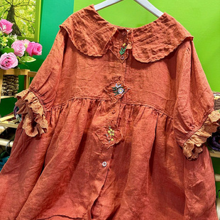 桔红/熊姑娘上衣/高档洗水亚麻/宽松大码胖MM娃娃领短袖夏季女士