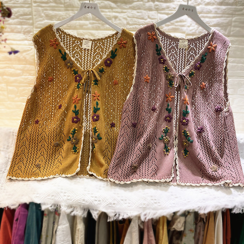 薄款春夏/手工绣花熊姑娘马甲开衫2026新针织背心外套文艺森女系