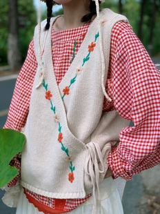 手绣花/羊毛针织马甲/熊姑娘斜襟V领宽松大码无袖外穿2026春秋女