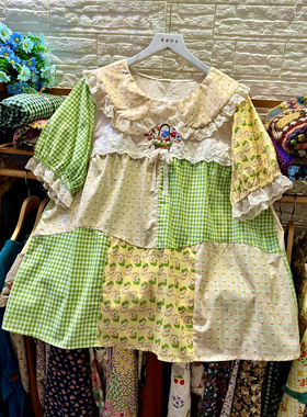 绿色拼布上衣/绣花娃娃领翻领短袖宽松大码夏装女士格子拼接印花