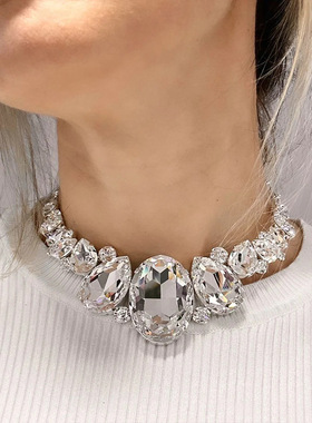 欧美时尚新款水滴宝石颈链个性夸张水钻项链气质配饰女necklace