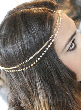 欧美波西米亚风金属流苏链条水钻头箍头饰发带头链headchain