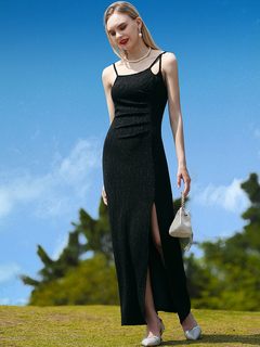 帝弗润驰2023夏季新款黑色性感吊带连衣裙气质修身超长款开叉长裙