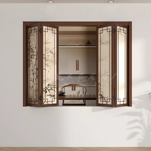 折叠竹影花格推拉窗木格栅中式窗