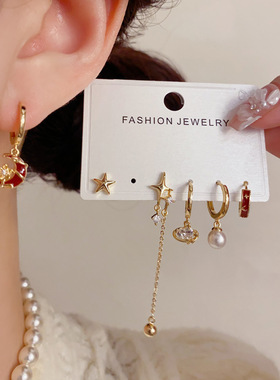 亚马逊跨境个性夸张红色星月链条三件套耳坠气质时尚复古百搭耳扣