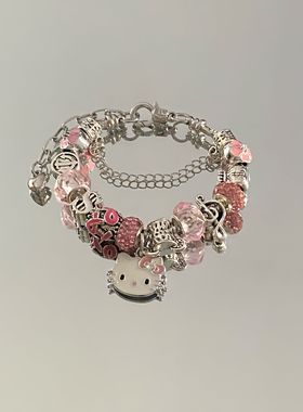 欧美跨境热卖diy可爱粉色KT猫咪吊坠手链潘式手镯手串镶钻手饰品