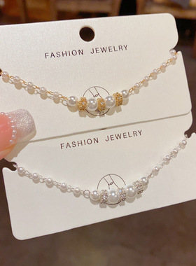 日韩精致时尚温柔百搭满钻椭圆珍珠手链小众气质简约设计感手饰品