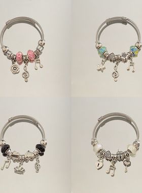 2024潘家款多元素爱心皇冠手镯女diy串珠吊坠小众设计感百搭手饰