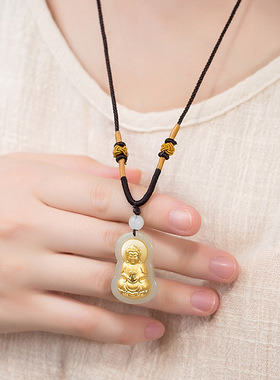天然和田玉真金镶玉男士款女黄金项链观音吊坠玉石挂件挂坠配饰女