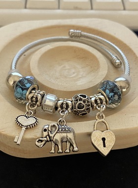 韩版简约爱心大象挂坠手镯女三生三世转桃花运蓝色琉璃珠diy手饰
