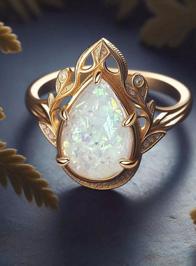 宫廷风欧泊水滴金镶钻女士戒指