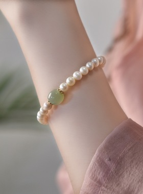 天然和田玉珍珠手链女生轻奢小众单圈手串和田玉转运珠伴手礼手饰