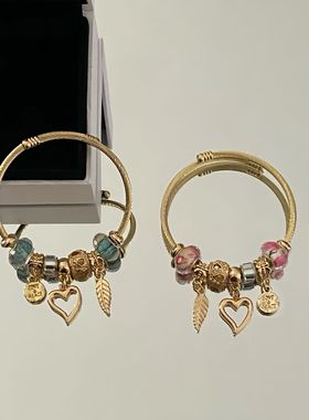 潘家DIY串珠手镯天使之翼爱心手环不锈钢可调节爱心吊坠闺蜜手环