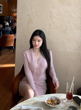 【现货9折】THE SWAN司凰轻奢 菱格羊毛针织开衫上衣包臀半裙套装