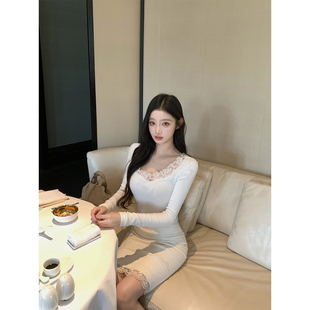 中古毛呢修身 纯手工剪裁蕾丝内搭针织上衣 半裙 SWAN司凰轻奢 THE