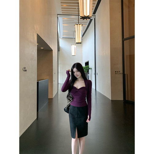 针织小坎肩吊带上衣开衩麂皮半裙