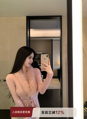 THE SWAN司凰轻奢 娇滴滴 羊绒羊毛狐狸毛针织开衫女绑带收腰上衣