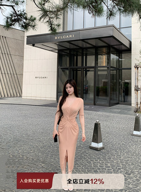 【现货7折】THE SWAN司凰轻奢 法式气质温柔茶歇裙打纽针织连衣裙